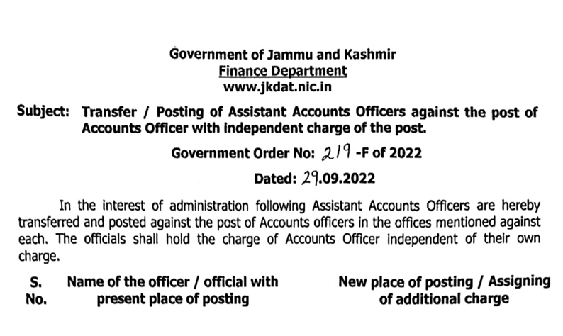 Govt order transfers and postings of Assistant Accounts Officers