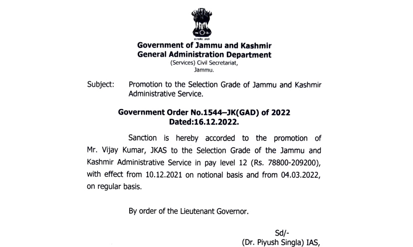 Promotion to the Selection Grade of J&K Administrative Service