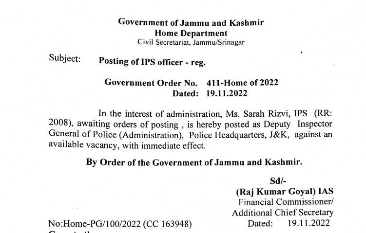 Sarah Rizvi IPS posted as DIG ( Administration), PHQ J&K