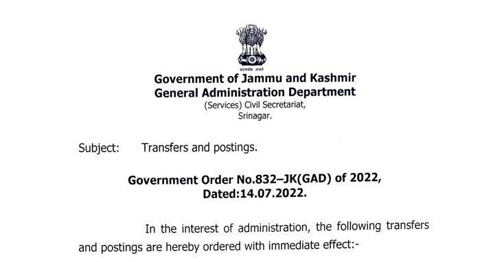 Govt order Transfers and postings of Five JKAS officers