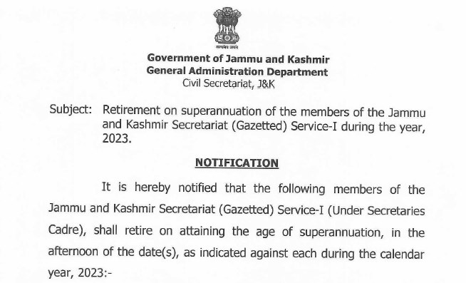 Retirement on superannuation of the members of the JK Secretariat Gazetted Service-I during the year 2023
