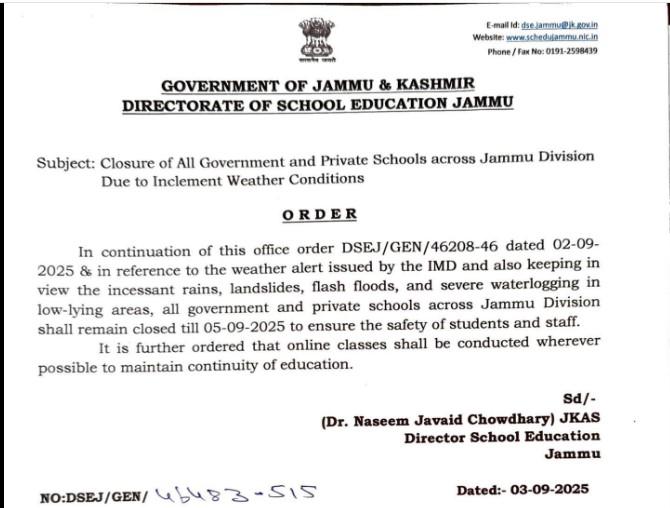 #weatheralert Closure of all Govt and Private Schools across Jammu Division till September 05