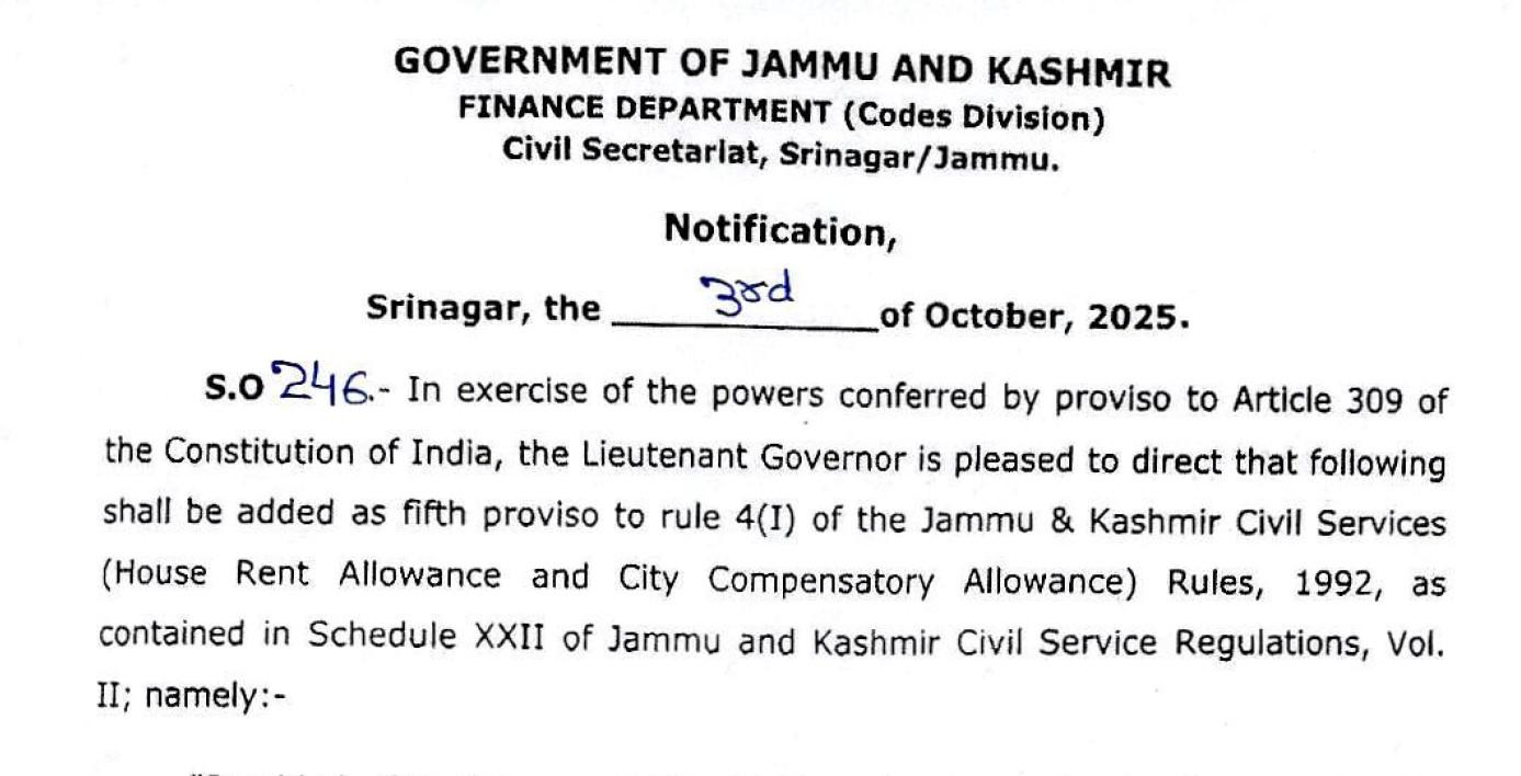 J&K Government enhances HRA by 2%