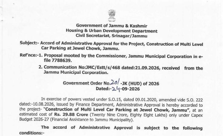 Jewel Chowk to Get Multi-Level Parking Facility, J&K Government Approves ₹29.88 Crore Project