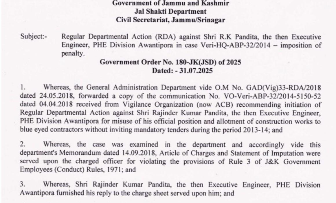Government imposes penalty on Executive Engineer, PHE