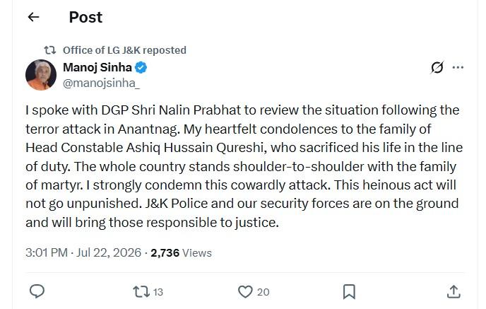 LG Manoj Sinha condemns Anantnag terror attack, says culprits won’t go unpunished