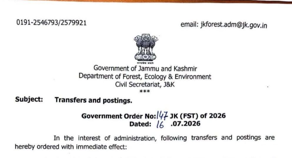 J&K Government Orders Transfer and Posting of 9 Forest Officers