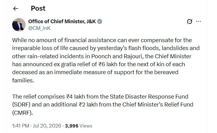 CM Omar Abdullah announces ₹6 lakh ex gratia for kin of rain-related incident victims in Rajouri, Poonch
