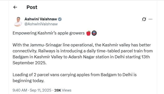 For Apple Growers, Kashmir-Delhi Daily Parcel Train to begin from September 13