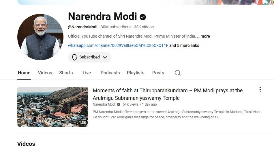 PM Modi's YouTube channel crosses 30 million subscribers, becomes most followed global leader on platform