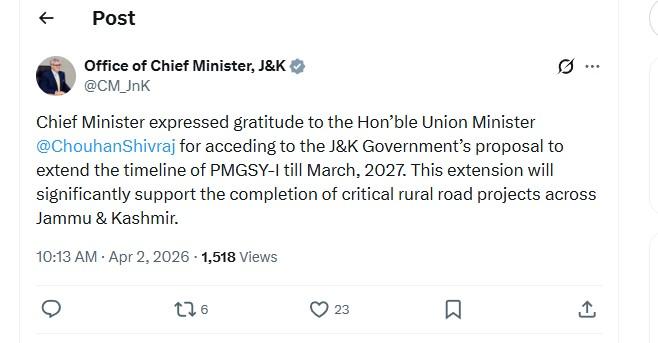 CM Omar thanks Union Minister for PMGSY-I extension till 2027, says move to boost rural connectivity in J&K