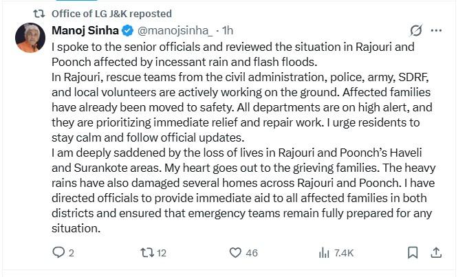 Jammu and Kashmir: LG Reviews Flood Situation, Orders Immediate Relief in Rajouri, Poonch