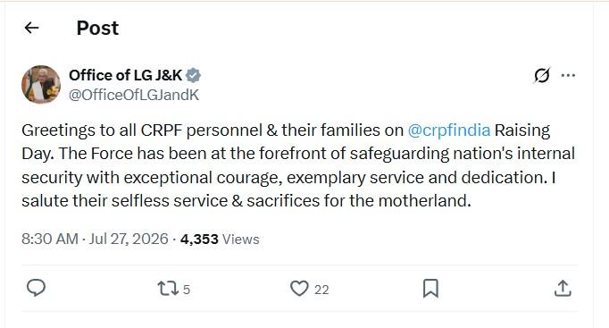 CRPF Raising Day: LG Manoj Sinha Salutes Bravehearts, Extends Greetings