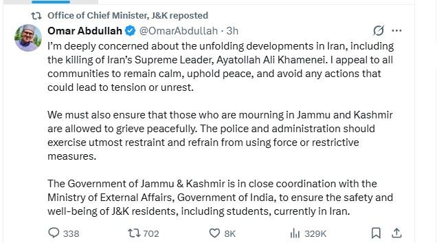 CM Omar appeals for calm amid protests over death of Khamenei; police assess law and order