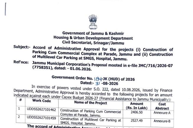 Major Relief for Jammu Traffic: ₹49.34 Crore Parking Projects Approved
