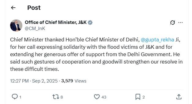 Omar thanks Delhi CM for offering support for flood-hit in J-K