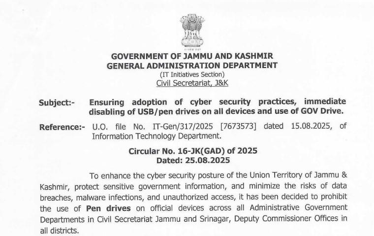 No more Pen Drives: J&K Govt issues Strict Cyber Security Directions