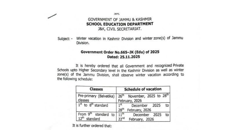 Govt announces winter vacation Schedule for schools across Kashmir, Winter Zones of Jammu