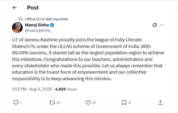 Jammu Kashmir Declared Fully Literate UT Under ULLAS Scheme, Records 99.09 Per Cent Success