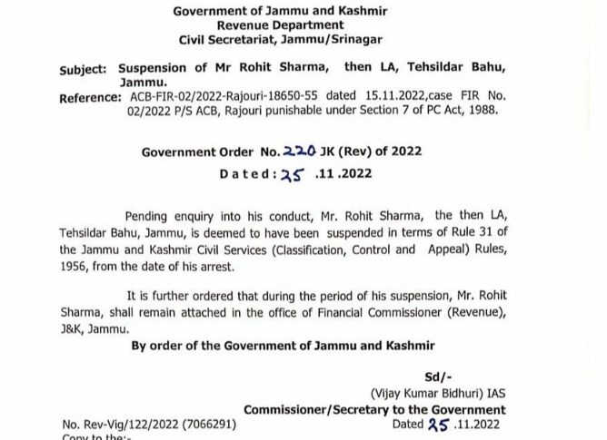 Tehsildar Bahu Rohit Sharma suspended by Government