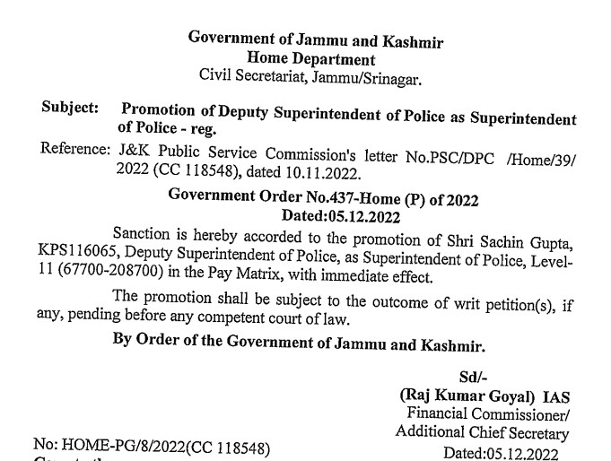  J&K: DySP Sachin Gupta promoted as SP