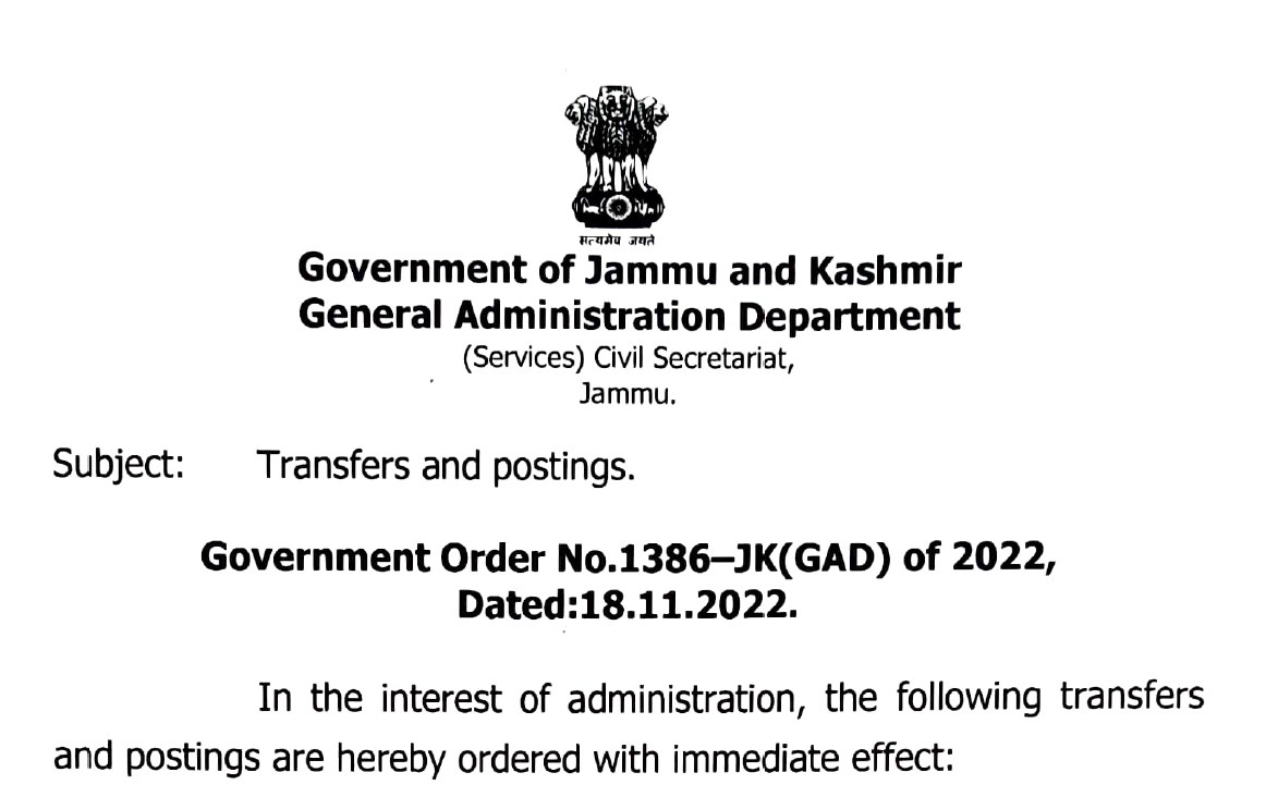Govt Orders Transfers and postings of JKAS officers