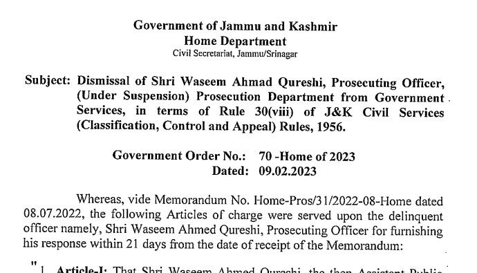 J&K administration sacks prosecuting officer Waseem Ahmad Qureshi (under suspension) for violating service rules
