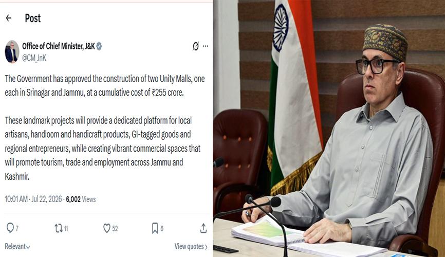 Govt Clears ₹255 Crore for Two Unity Malls in J&K; Srinagar, Jammu to Get Major Trade Hubs