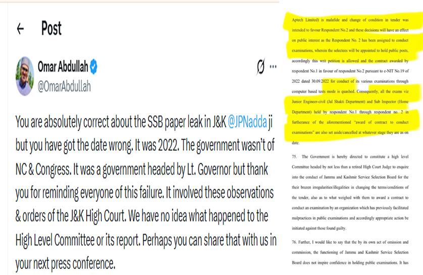 "You have got date wrong": CM Omar fact checks JP Nadda over 2022 J-K SSB paper leak, seeks update on probe panel