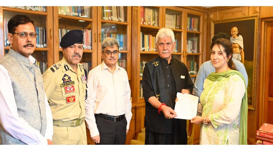 LG Manoj Sinha Hands Over Compassionate Appointment Letter to Wife of Martyred J&K Police Inspector Masroor Ali Wani