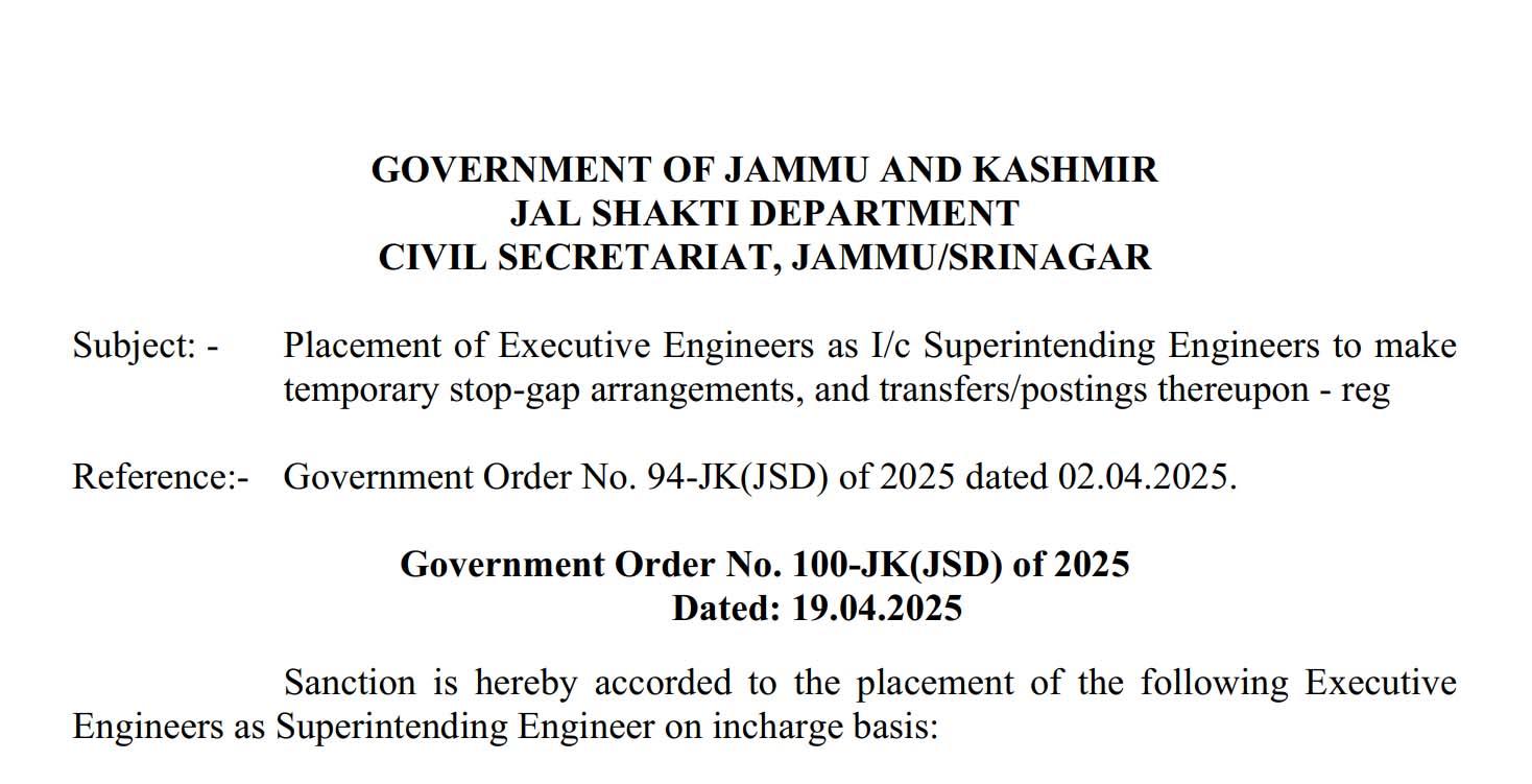 25 Xens promoted as SEs in Jal Shakti Department; Transfers thereof