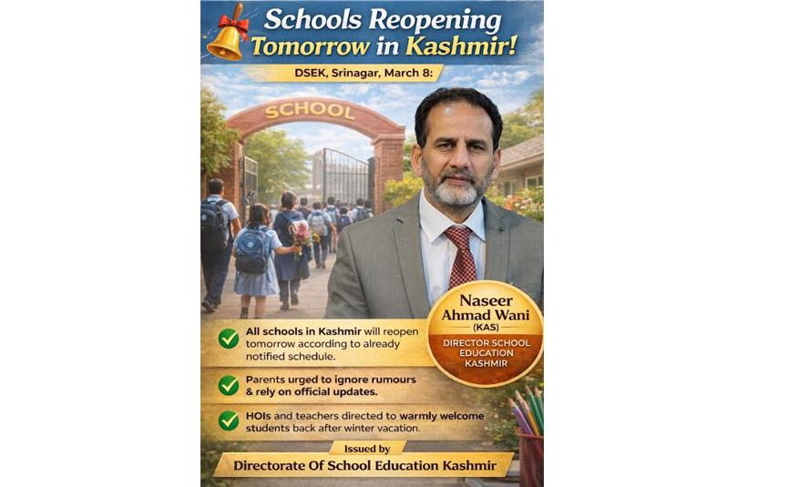 Schools to reopen tomorrow as per  schedule in Kashmir