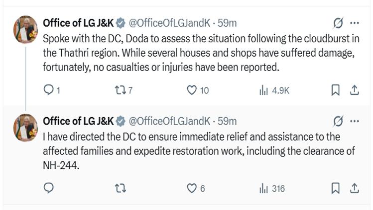 LG Sinha Directs Immediate Relief, NH-244 Restoration After Doda Cloudburst