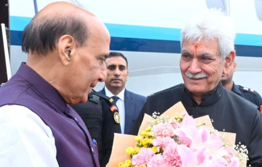 Defence Minister Rajnath Singh Arrives in Srinagar; Welcomed by LG Manoj Sinha