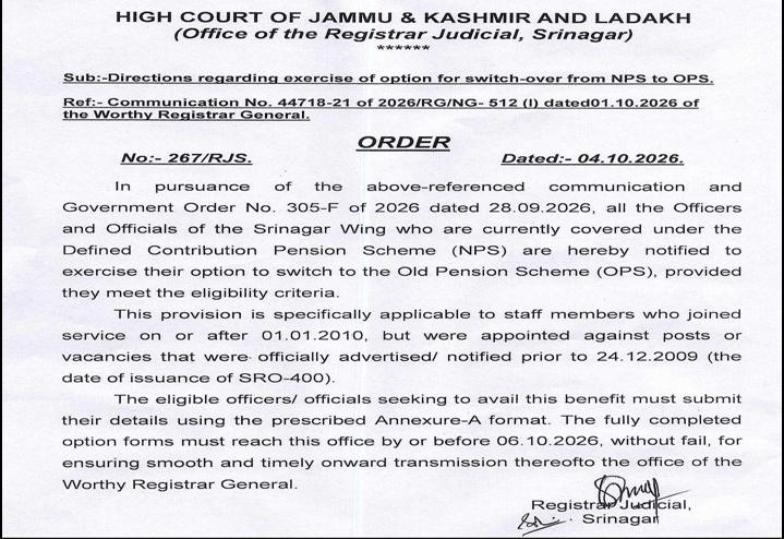 Jammu Kashmir High Court Invites Eligible Staff To Switch From NPS To OPS