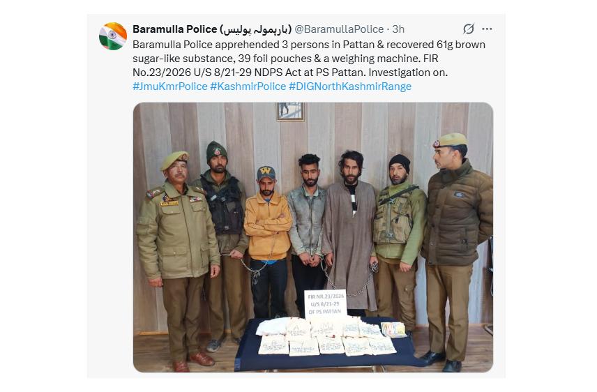 Three apprehended with Brown Sugar-Like Substance in Jammu and Kashmir