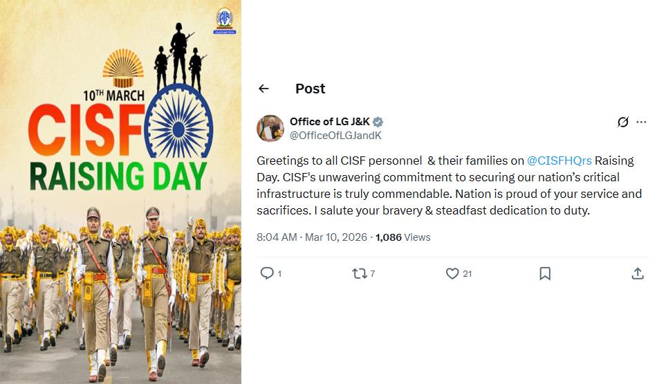 LG Manoj Sinha Greets CISF Personnel on Raising Day