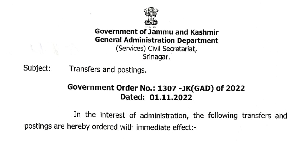 Govt Orders Transfers and postings 5 JKAS officers