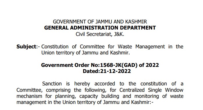 Constitution of Committee for Waste Management in the Union territory of Jammu and Kashmir