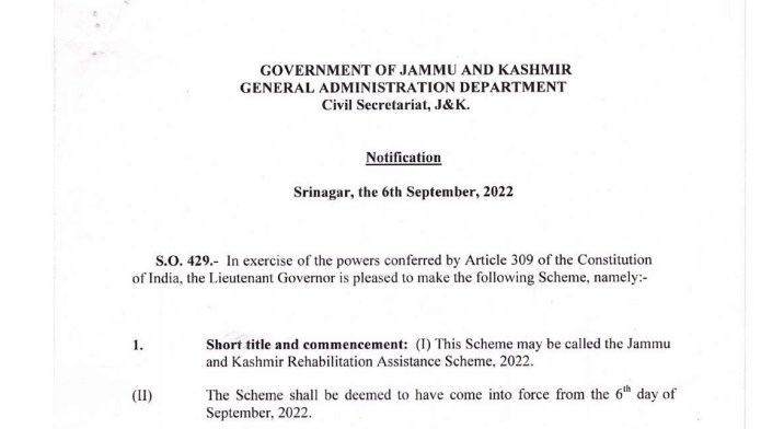 Jammu and Kashmir Rehabilitation Assistance Scheme 2022