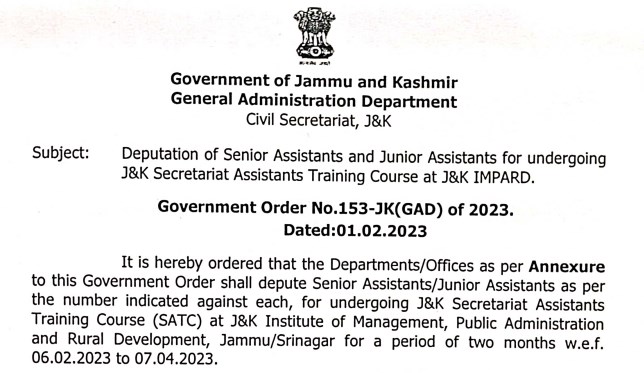 Deputation of Senior Assistants and Junior Assistants for undergoing JK Secretariat Assistants Training Course at JK IMPARD